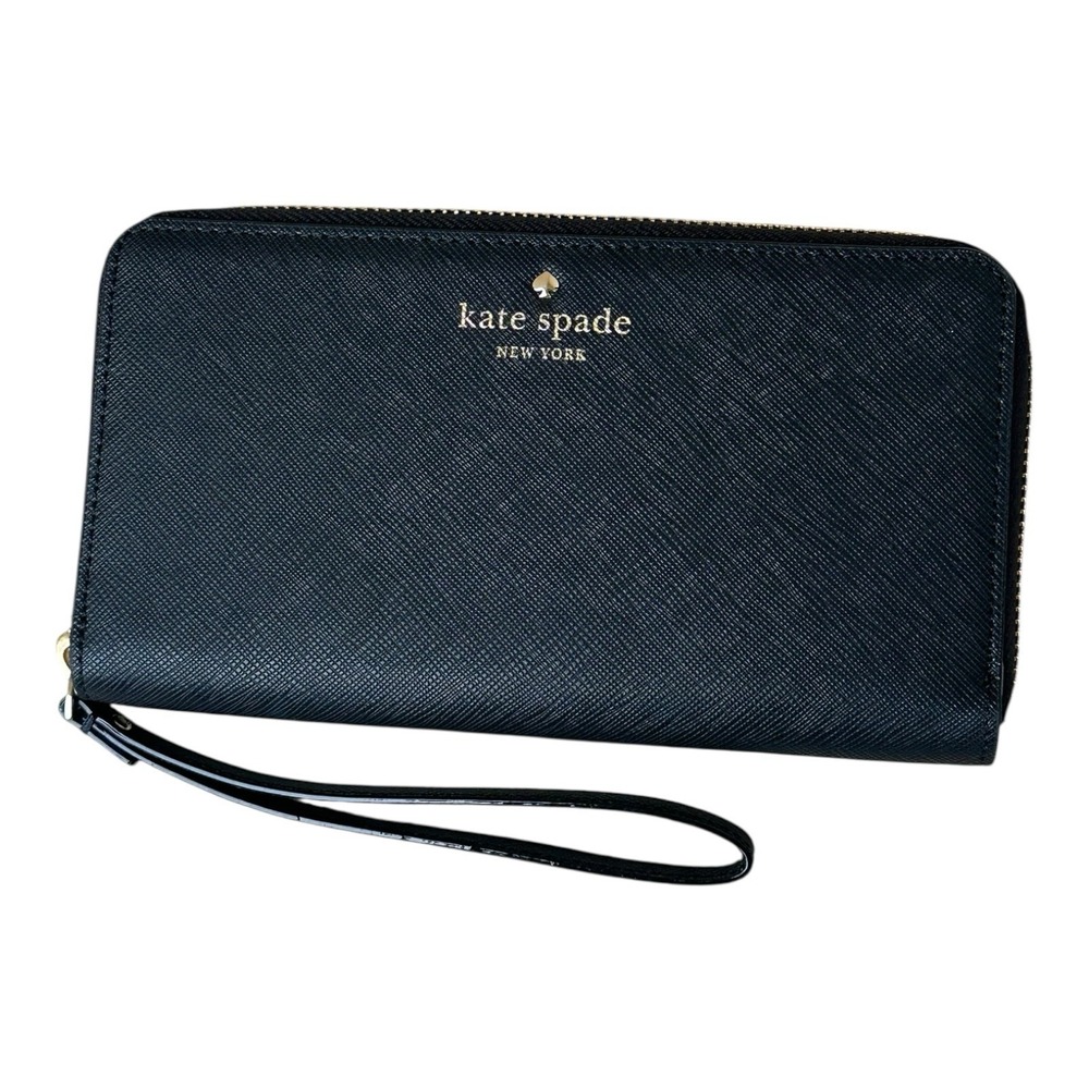kate spade Black Saffiano Zip Wristlet with Gold Logo